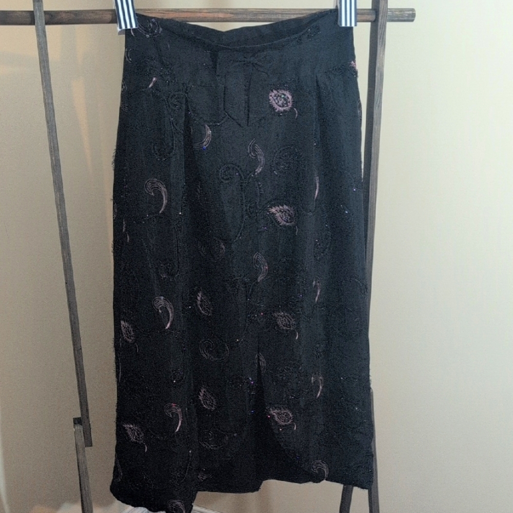 Simon Chang| Black Sequined And Paisley Patterned Midi Skirt With Front Slit